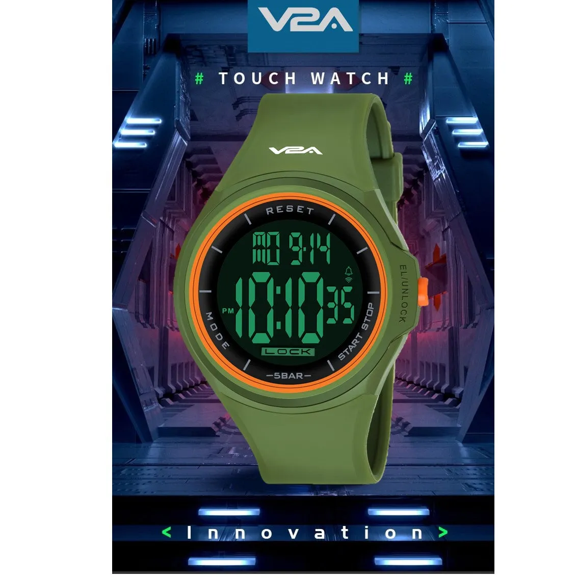 V2A Touch Controls Digital 5ATM Waterproof Unisex Sports Watch (Black Dial and Green Strap)