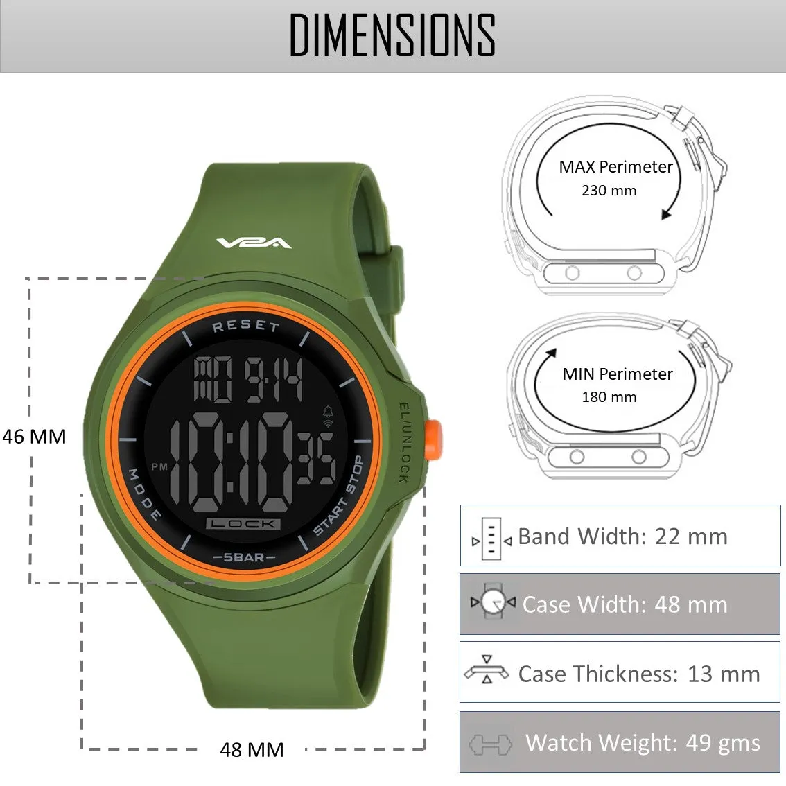 V2A Touch Controls Digital 5ATM Waterproof Unisex Sports Watch (Black Dial and Green Strap)