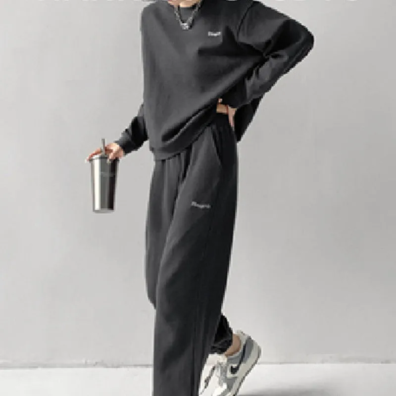 Waffle Casual Long Sleeve Crew Neck Sweater Slimming Track Pants Sports Suit