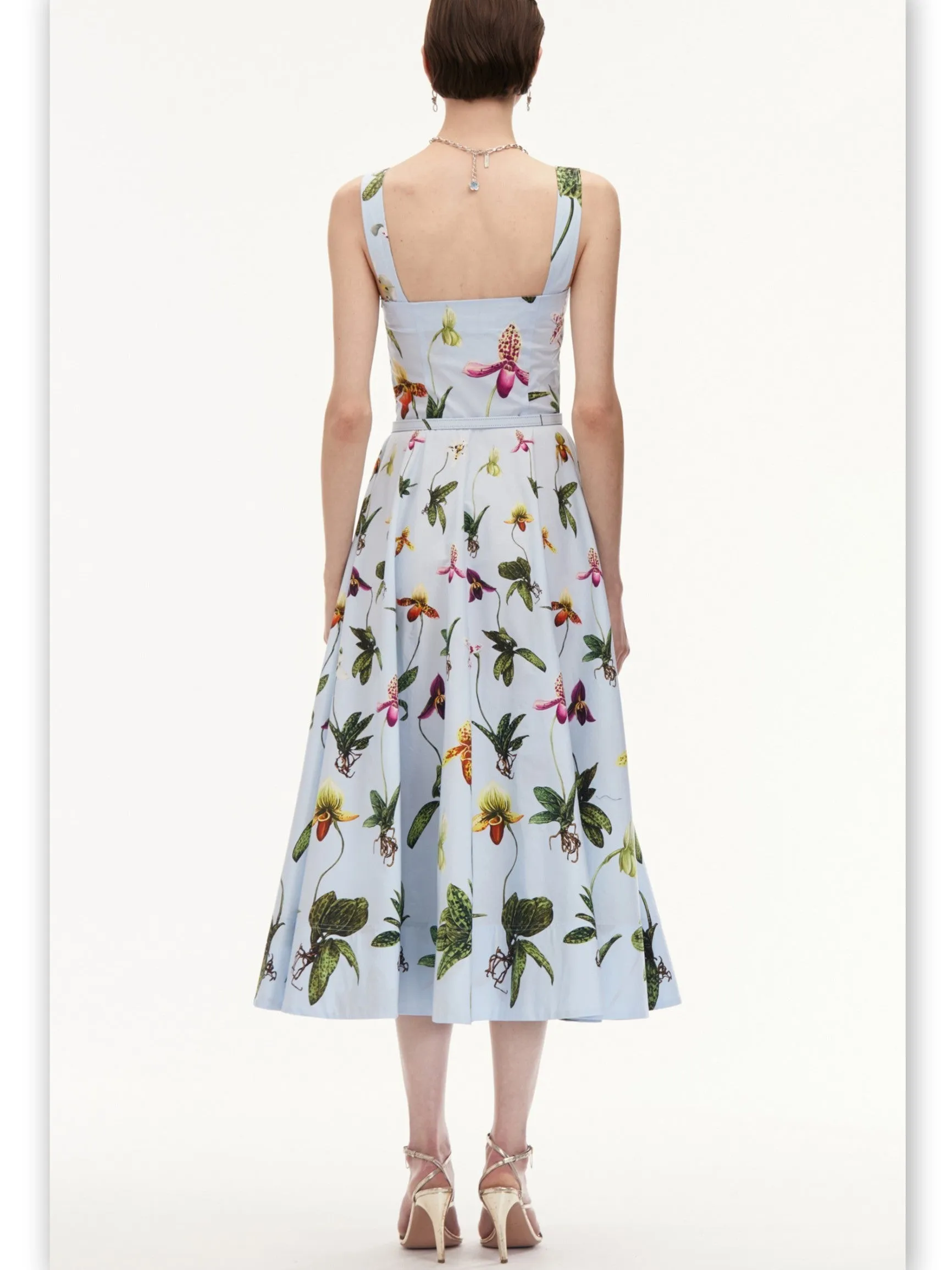 Women’s Belted Orchid Printed Light Blue Sundress