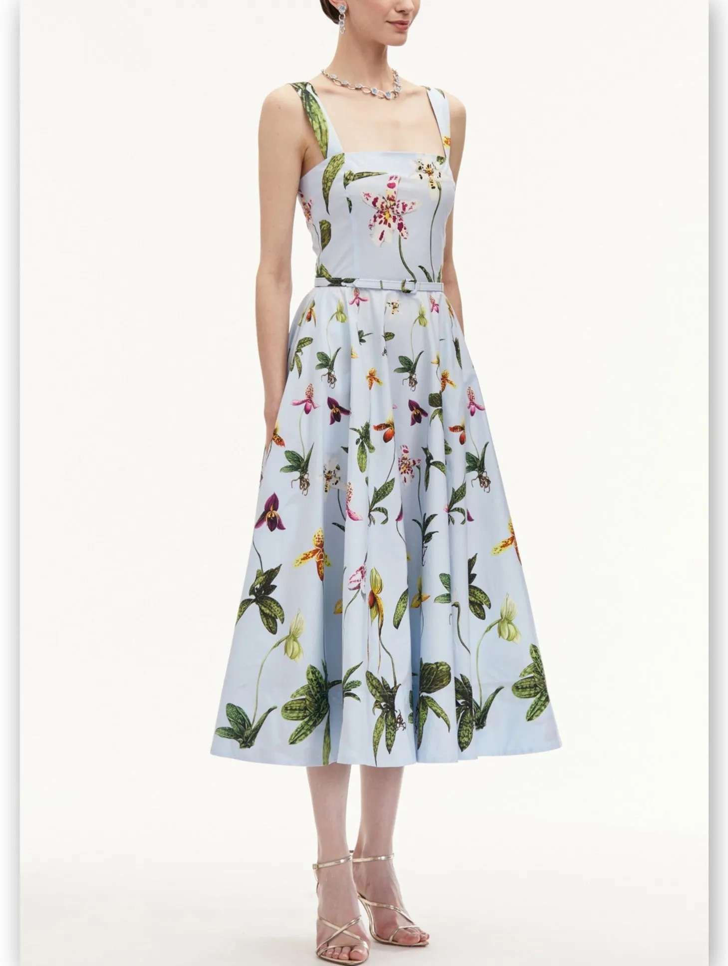 Women’s Belted Orchid Printed Light Blue Sundress